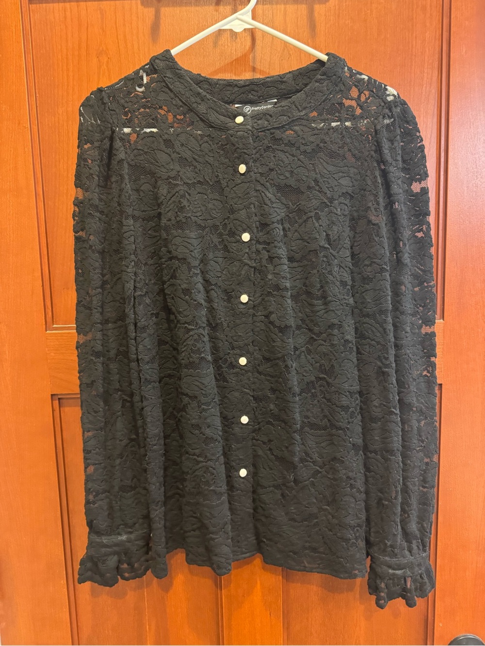 PrettyGarden Black Floral Lace Blouse Long Sleeve Button Front Size M